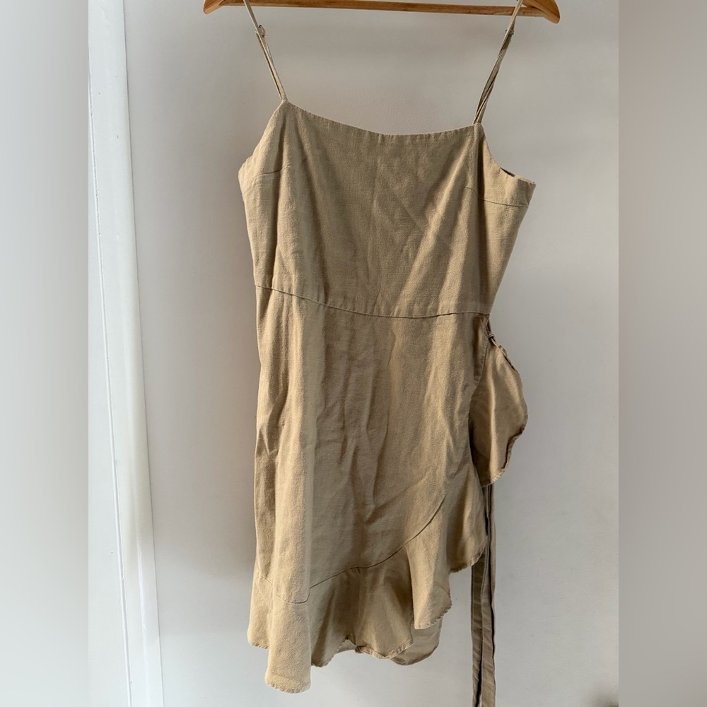 Linen Tan Spaghetti Strap Ruffle Dress - Picture 3 of 8